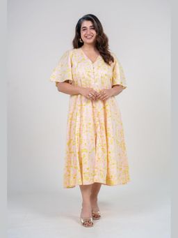 The Indian Ethnic Co. - Leah Yellow Printed Mul A Line Dress