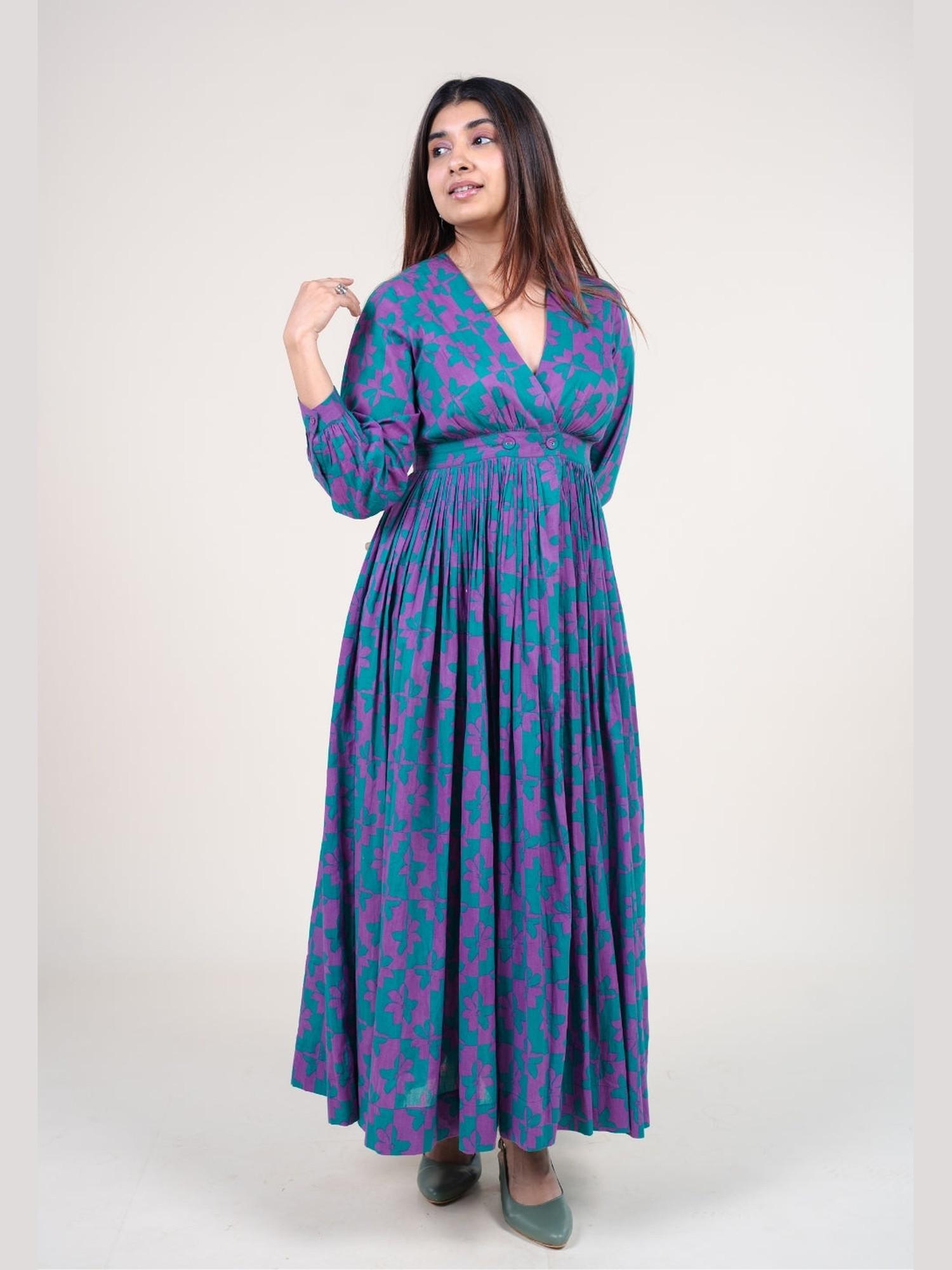Kimaya Electric Blue Printed Mul A Line Dress-picture-42