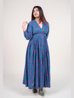 The Indian Ethnic Co. - Kimaya Electric Blue Printed Mul A Line Dress