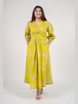 The Indian Ethnic Co. - Payal Lime Yellow Printed Mul A Line Dress