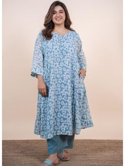 The Indian Ethnic Co. - Sufia Blue Batik Mulmul Jhabbha Kali Kurta