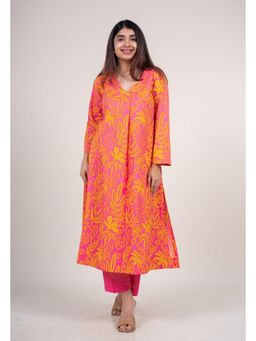 The Indian Ethnic Co. - Raila Sunset Pink Printed Cotton Straight Kurta