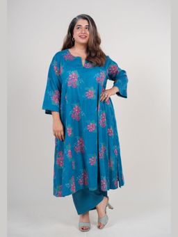 The Indian Ethnic Co. - Amisha Ink Blue Printed Mul Jhabbha Kali Kurta