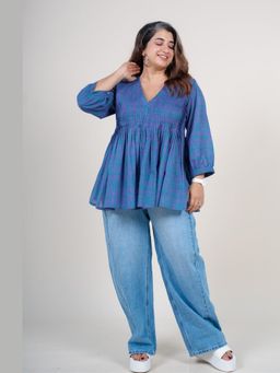 The Indian Ethnic Co. - Hiral Blue Printed Mul A Line Short Tunic Top