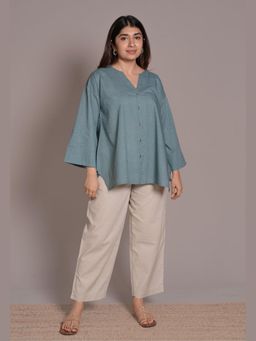 The Indian Ethnic Co. - Blue Solid Slub Cotton Short Top
