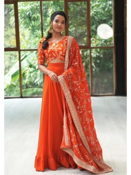Fiorebymalar - Orange Brocade Blouse With Lehenga And Dupatta