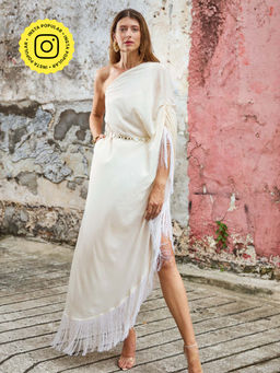 Style Junkiie - Ivory One Shoulder Kaftan With Mirror Belt (Set of 2)
