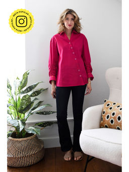 Style Junkiie - Hot Pink Poplin Ruched Shirt