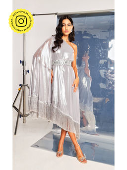Style Junkiie - Syle Junkiie Silver One Shoulder Midi Dress with Belt (Set of 2)