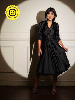 Style Junkiie - Black Satin Cinched Midi Dress