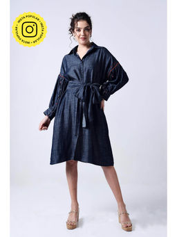 Style Junkiie - Blue Bow Tie-Up Shirt Dress