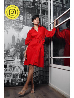 Style Junkiie - Red Bow Tie-Up Shirt Dress