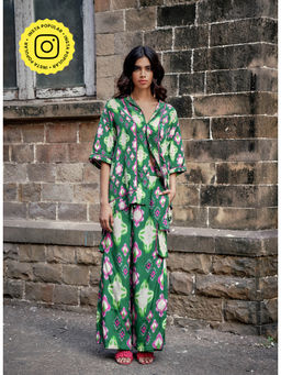 Style Junkiie - Cafe Green Ikat Piped Baggy Cargo Pant