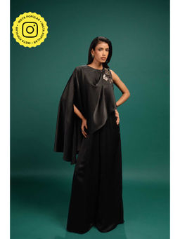 Style Junkiie - Ebony Spotted Draped Satin Cape Jumpsuit