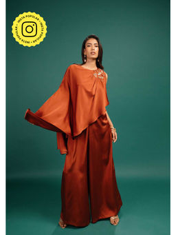 Style Junkiie - Rust Spotted Draped Satin Cape Jumpsuit