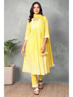 Rangriti - Women Yellow Cotton Gathered Kurta and Pant with Dupatta