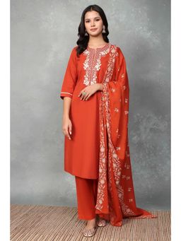Rangriti - Women Brown Cotton Straight Kurta and Pant with Dupatta
