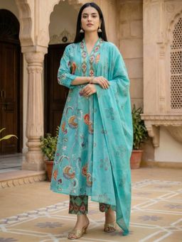 Indo Era - Green Printed Anarkali Kurta and Pant With Dupatta