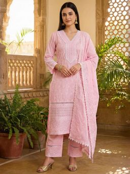Indo Era - Pink Embroidered Straight Kurta and Pant With Dupatta