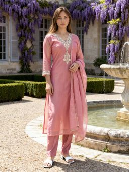 Indo Era - Orange Embroidered Straight Kurta and Pant With Dupatta