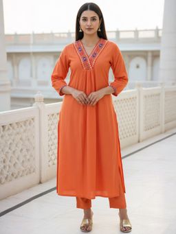 Indo Era - Orange Embroidered Straight Kurta and Pant