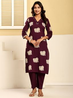 Indo Era - Purple Printed Straight Kurta and Pant