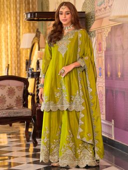 Indo Era - Yellow Embroidered A-Line Kurta and Palazzo With Dupatta