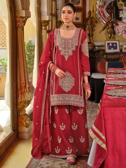 Indo Era - Red Embroidered Straight Kurta and Palazzo With Dupatta