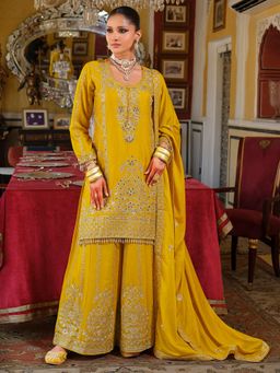 Indo Era - Yellow Embroidered Straight Kurta and Palazzo With Dupatta