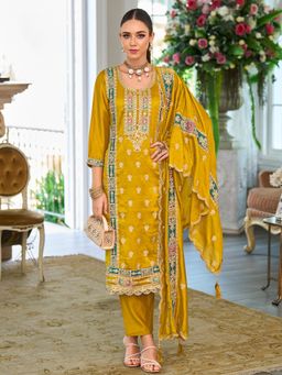 Indo Era - Yellow Embroidered Straight Kurta and Pant With Dupatta