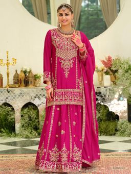 Indo Era - Pink Embroidered Straight Kurti and Skirt With Dupatta