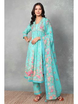 Rangriti - Women Blue Cotton Gathered Kurta and Pant with Dupatta