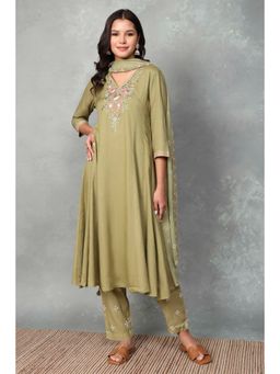 Rangriti - Women Green Rayon Kalidar Kurta and Pant with Dupatta