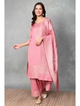 Rangriti - Women Pink Polyester Yarndyed Straight Kurta and Pant with Dupatta