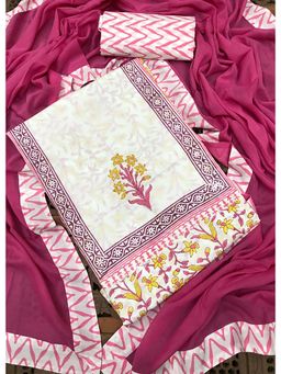 Palash - Maroon Hand Block Printed Cotton Unstitched Top with Bottom & Dupatta (Set of 3)