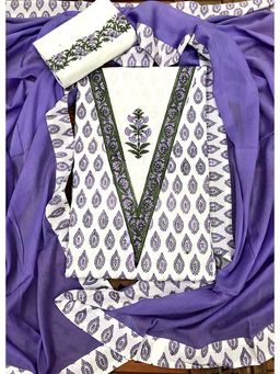 Palash - Navy Blue Hand Block Printed Cotton Unstitched Top with Bottom & Dupatta (Set of 3)