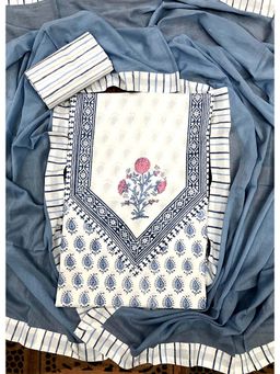Palash - Grey Hand Block Printed Cotton Unstitched Top with Bottom & Dupatta (Set of 3)