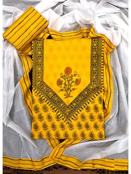 Palash - Mustard Hand Block Printed Cotton Unstitched Top with Bottom & Dupatta (Set of 3)
