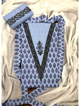 Palash - Blue Hand Block Printed Cotton Unstitched Top with Bottom & Dupatta (Set of 3)
