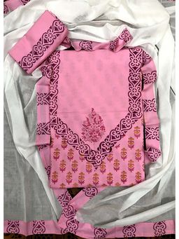 Palash - Pink Hand Block Printed Cotton Unstitched Top with Bottom & Dupatta (Set of 3)