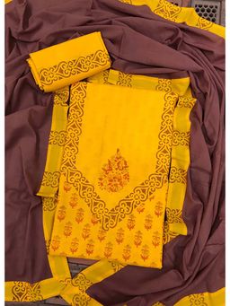 Palash - Brown Hand Block Printed Cotton Unstitched Top with Bottom & Dupatta (Set of 3)