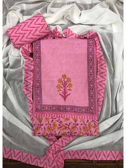 Palash - Pink Hand Block Printed Cotton Unstitched Top with Bottom & Dupatta (Set of 3)