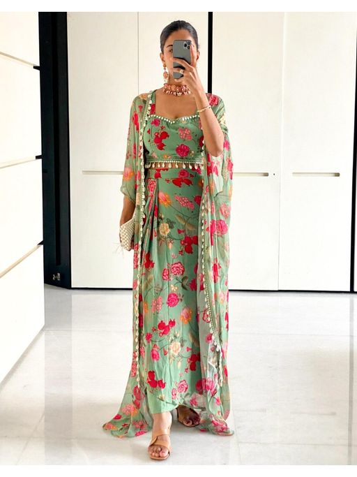 Buy Label Kanupriya Green Georgette Crop Top Draped Skirt Co-Ord