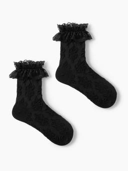 Cider - Lace Trim Women Textured Crew Socks Black