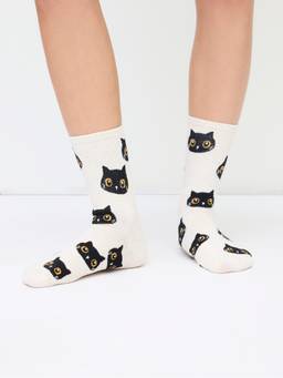 Cider - Cat Pattern Women's Soft Crew Socks Light Grey