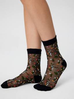 Cider - Ditsy Floral Women Sheer Crew Socks Black