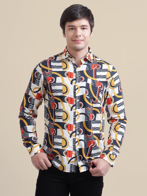 AM SWAN Smart Abstract Printed Spread Collar Men's Rayon Casual Shirt
