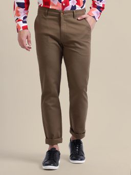 AM SWAN - Brown Solid Cotton Blend Regular Fit Men's Casual Trousers