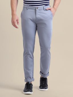 AM SWAN - Grey Solid Cotton Blend Regular Fit Men's Casual Trousers