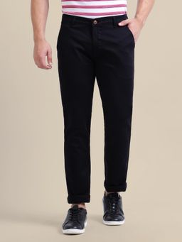 AM SWAN - Black Solid Cotton Blend Regular Fit Men's Casual Trousers